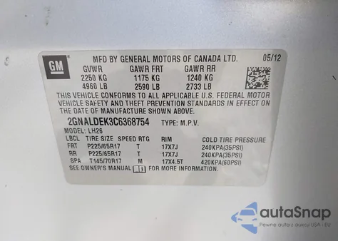 2012 Chevrolet Equinox 1Lt z USA, uszkodzony, nr VIN 2GNALDEK3C6368754